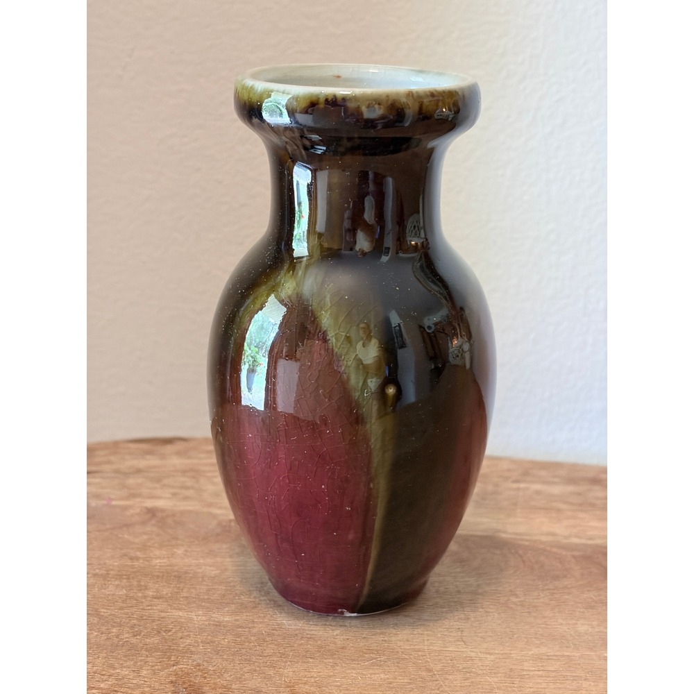 Studio Pottery Vase Burgundy Brown Green Drip Glaze 6" Decor Bookshelf Accent